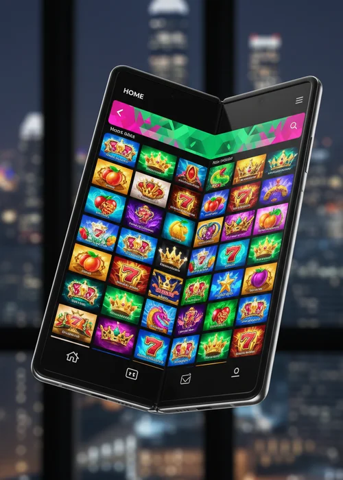 AMO Casino welcome screen featuring a dynamic background with game elements and promotional banner